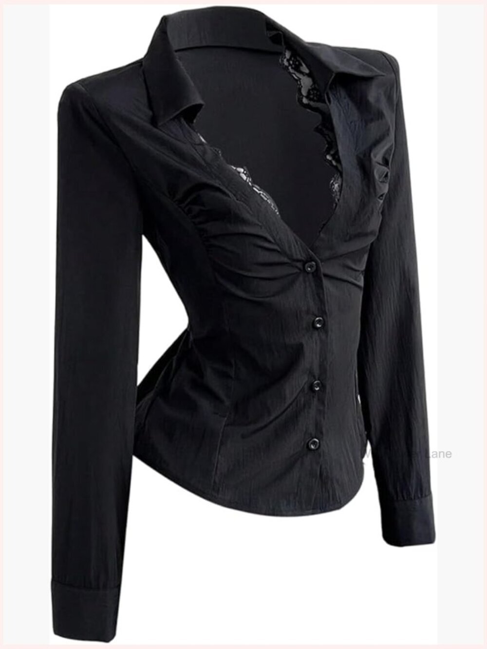 Y2k Lace Deep V Button Down Blouse Long Sleeve Fitted Coquette Top